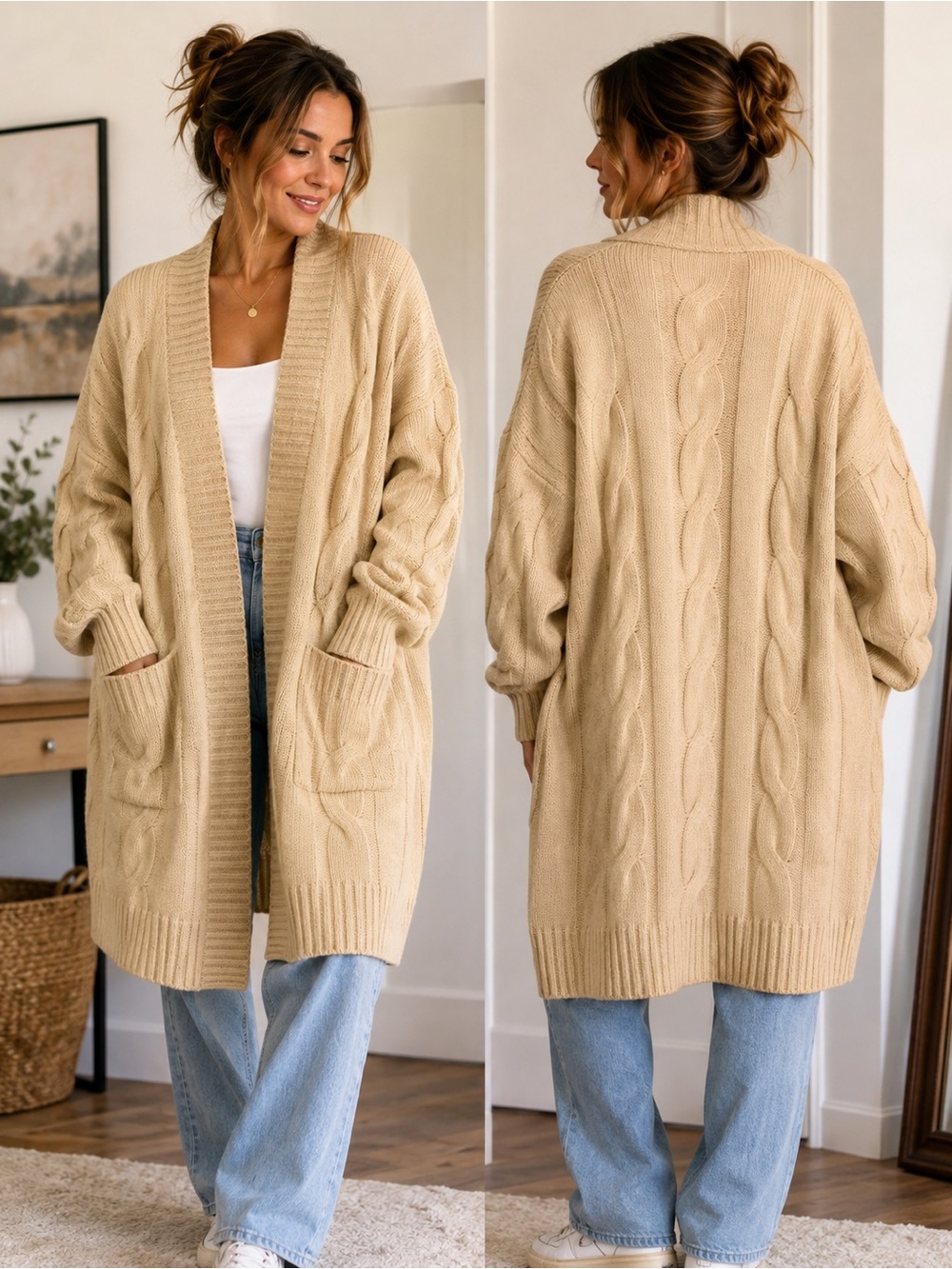 Danielle Bernstein Cable Knit Long Cardigan Sweater Tan Medium Cozy Warm Casual